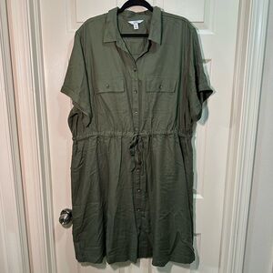 Croft & Barrow Utility Shirt Dress Green Plus Size 3X Tie Waist Workwear Pockets
